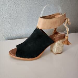 TOMS Suede Seville Womens Peep Toe Tassel Ankle Strappy Heel Sandals